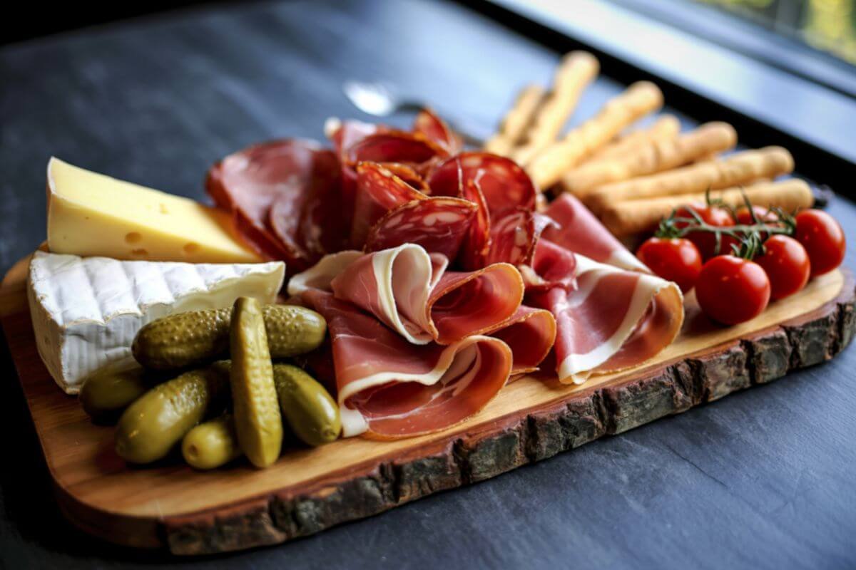 Italian antipasti board with cured meats, cheese, bread, and olives